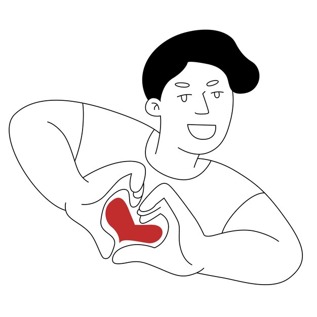 Vector young man smiling and showing heart with him hands vector linear illustration