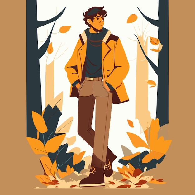 Vector young man standing in autumn clothing vector illustration flat 2