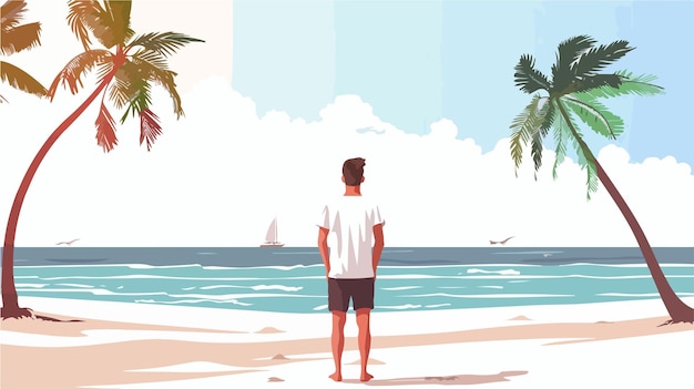 Young Man Standing at the Beach Flat Vector Isolated