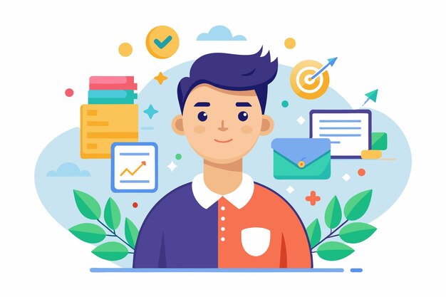 A young man stands with various digital elements around him showcasing productivity and creativity in work Next option Customizable Flat Illustration