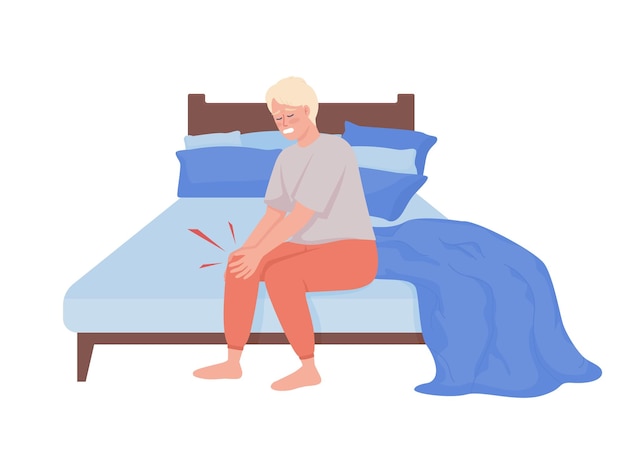 Young man suffering from morning joint pain semi flat color vector character