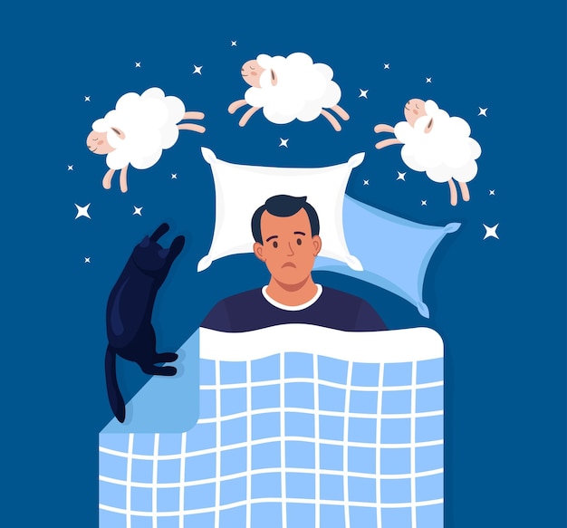 Young man suffers from insomnia. Person lying in bed trying to fall asleep and counting sheep. Male character with sleep disorder, sleeplessness, mental problem