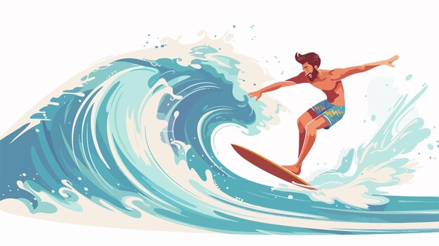 Vector young man surfing big wave in swimwear