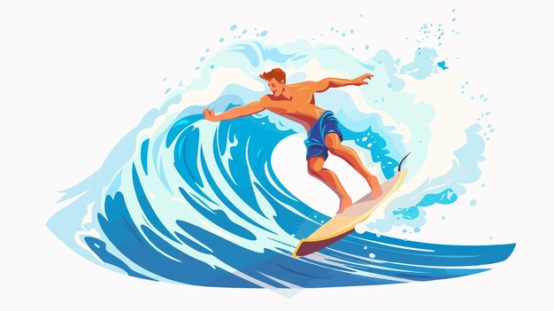 Vector young man surfing big wave in swimwear