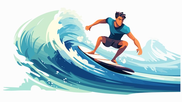 Vector young man surfing wave in summer water exciting water sport adventure