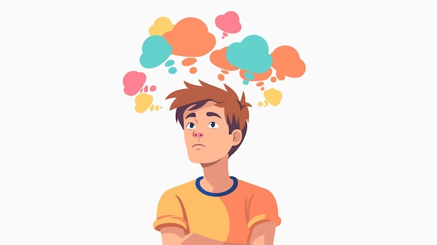 Young Man Surrounded by Colorful Thoughts Floating Above His Head