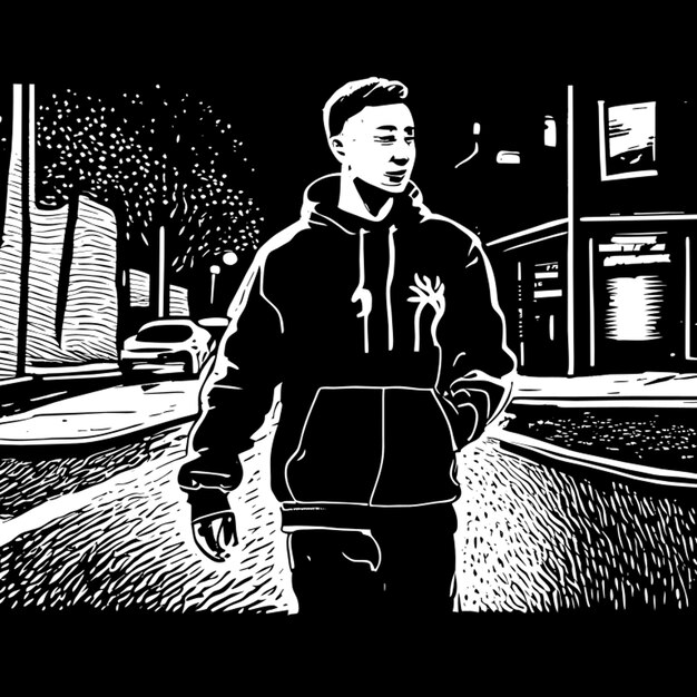 young man in sweatshirt walking on the street listening to music vector illustration engraving