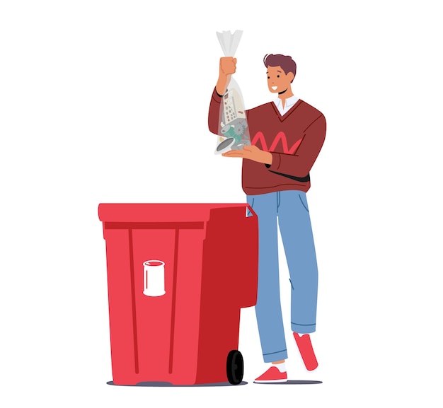 Young Man Throw Bag with Metal Litter into Recycle Trash Bin on Street Stop Pollution Concept Ecology Protection