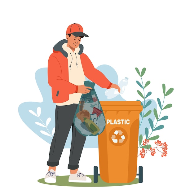 Vector young man throwing out plastic waste sorting garbage boy separating trash to promote cleanliness