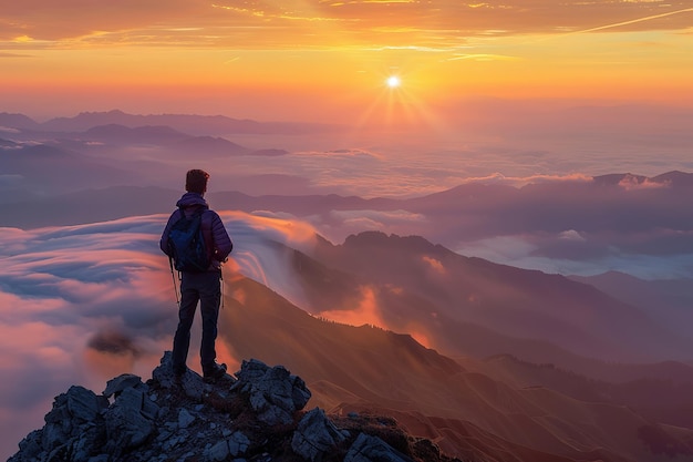 Vector young man tourist with backpack relaxing on top rock and enjoying sunset