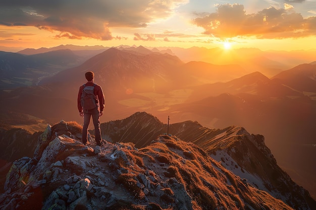 Vector young man tourist with backpack relaxing on top rock and enjoying sunset