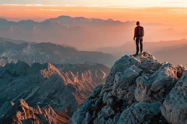 Vector young man tourist with backpack relaxing on top rock and enjoying sunset