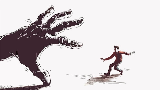 Vector young man trying to escape from huge hand