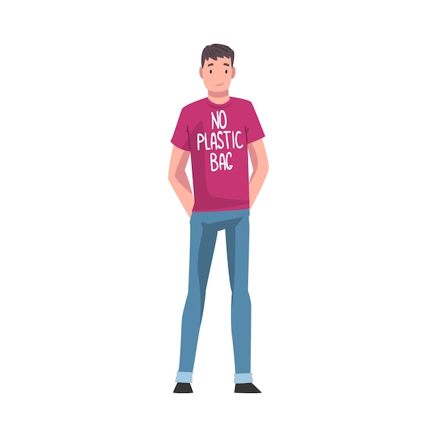 Vector young man in tshirt with no plastic bag inscription male eco friendly character zero waste protection of environment concept vector illustration