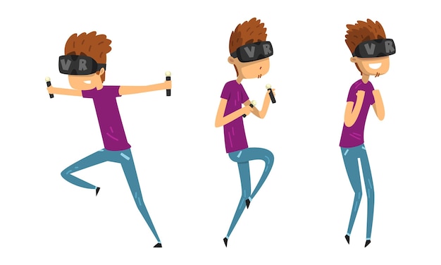 Vector young man in virtual reality headset set boy wearing vr helmet living digital experience cartoon vector illustration