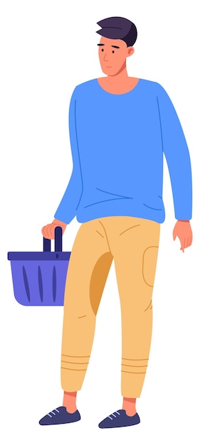 Young man waiting in cashier line Supermarket customer with shopping basket