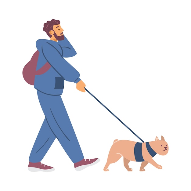 Young man walking his dog and talking phone flat vector illustration isolated