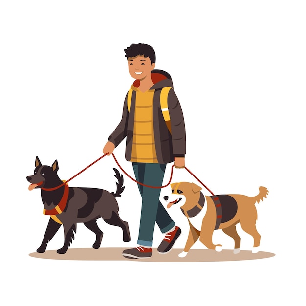 Young man walking two dogs one black one brown both leashes Pet owner happy expression enjoys