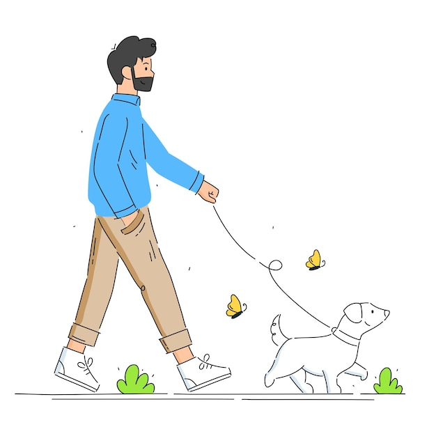 Young man walking with cute dog