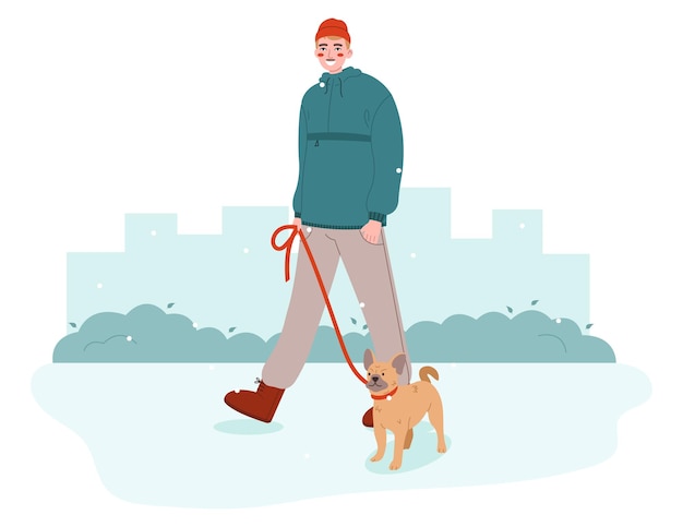 Vector young man walking with dog. pet owner strolling with his dog on leash.