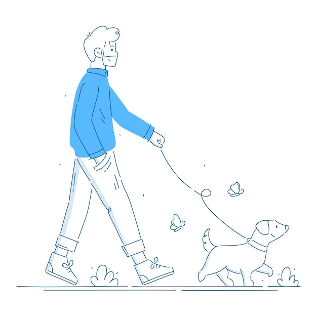 Young man walking with his cute dog Happy pet owner