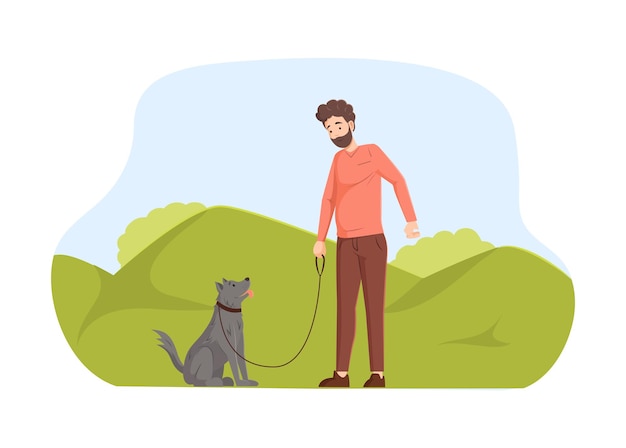 Vector young man walking with his dog in park