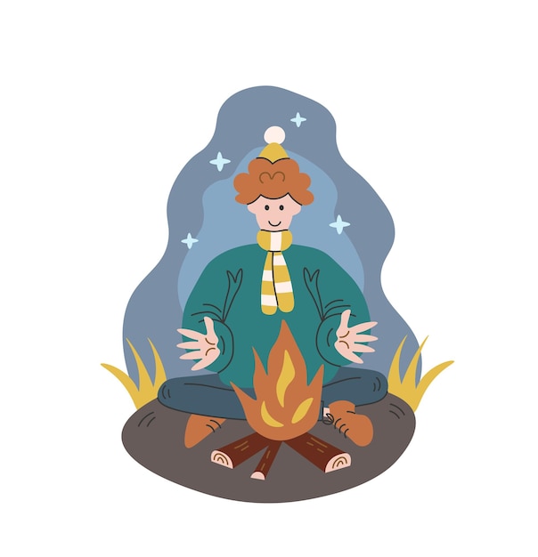 Young man warming his hands by the fire flat vector illustration