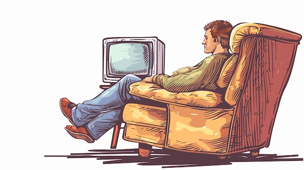 Vector young man watching tv in armchair with remote control