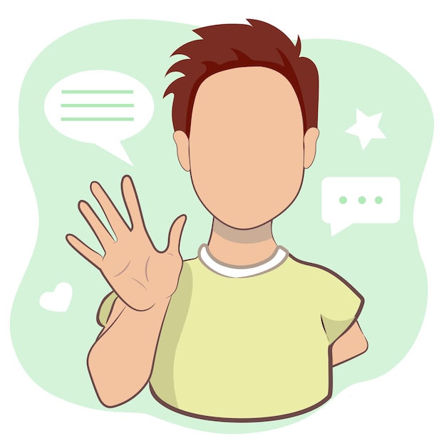 Young man waving hand greeting or saying goodbye on light green background  Cartoon male character