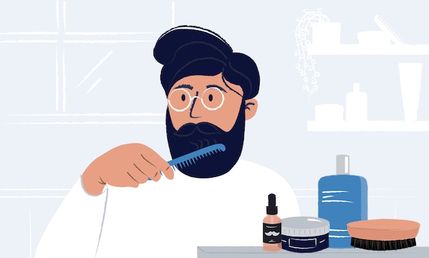 Vector young man wearing glasses brushing his beard and looking in the mirror. men hygiene and self care.