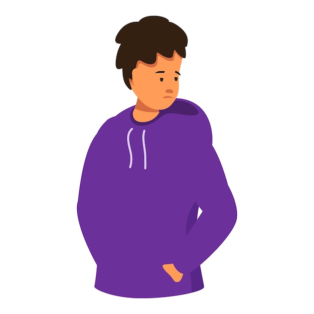 Vector young man wearing a purple hoodie looking down with a sad expression