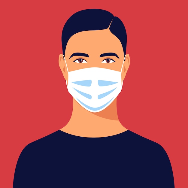 Young man wears medical mask. Avatar male portrait, full face. illustration in flat style.