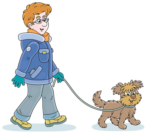 Vector young man in winter clothes walking in a good mood with his cheerful shaggy dog