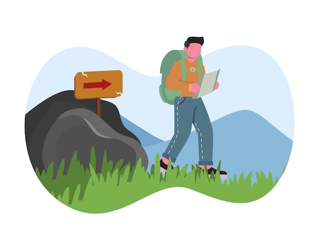 Young man with backpack walking and look for hiking trails look for hiking trails flat design illustration