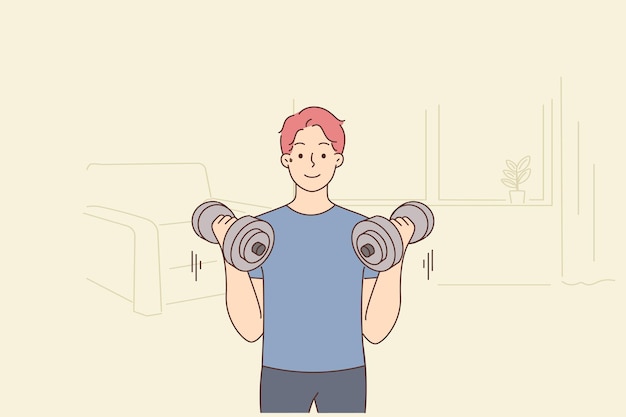 Young man with barbells train at home