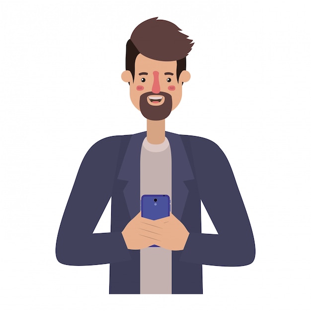 young man with beard and smartphone