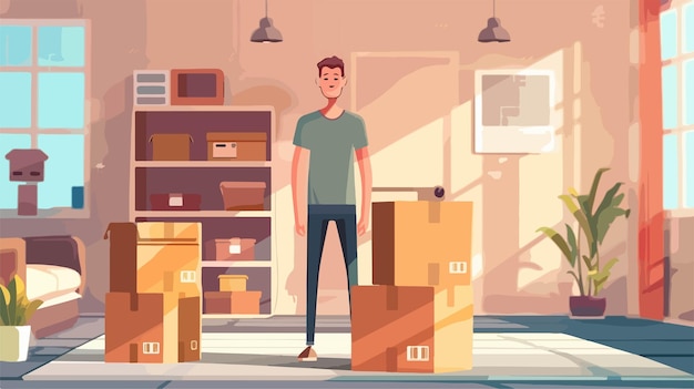 Vector young man with boxes in room on moving day