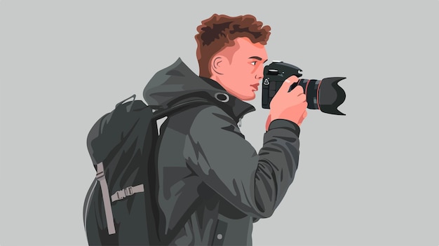 Vector young man with camera on grey background mentoring