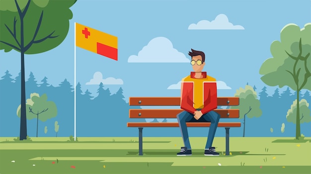 Young Man with Flag of Belgium Sitting on Bench Outdoors