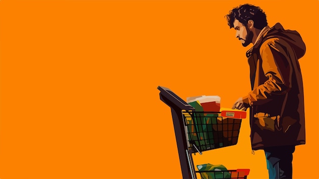 Vector young man with full shopping basket and payment terminal