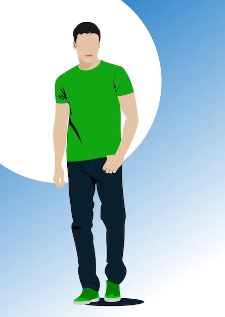 Vector young man with green tshirt and blue jeans walking on blue background