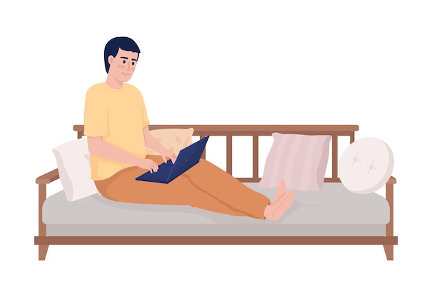 Young man with laptop sitting on couch comfortably semi flat color vector character