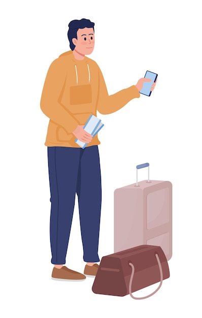 Young man with luggage bags and flight ticket semi flat color vector character Standing figure Full body person on white Simple cartoon style illustration for web graphic design and animation