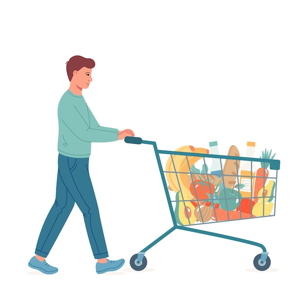 Young man with shopping cart full of food and drinks. Vector illustration in cartoon style