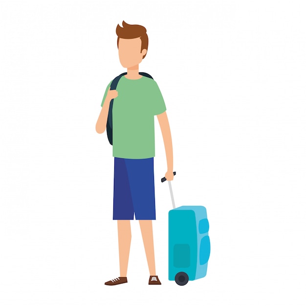 Vector young man with suitcase travel