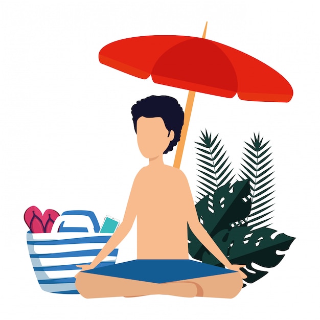 Young man with swimsuit and umbrella practicing yoga