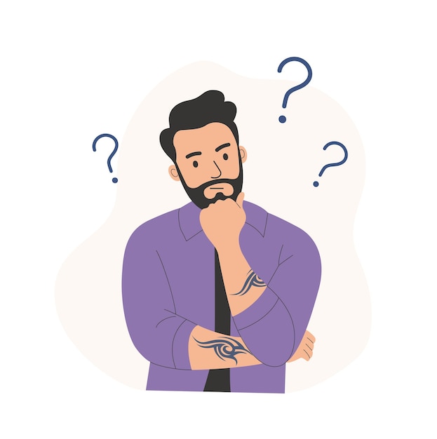 Young man with tattoo surrounded by a question mark Flat style cartoon vector illustration