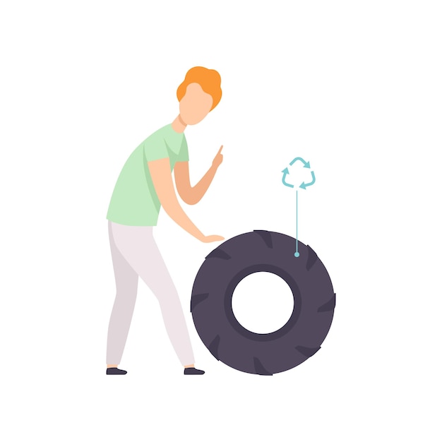 Vector young man with used rubber tire people gathering sorting garbage for recycling vector illustration isolated on a white background