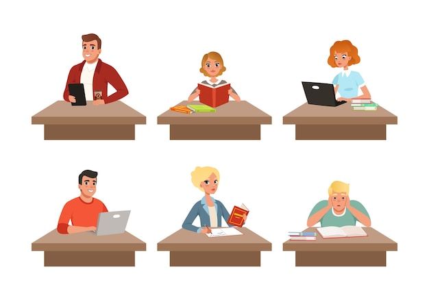 Young Man and Woman at Desk Studying with Books Vector Set Male and Female Student Engaged in Education