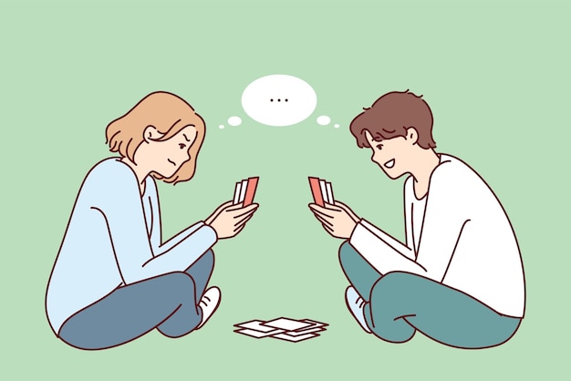 Young man and woman play cards sitting on floor and think what next move to make Vector image